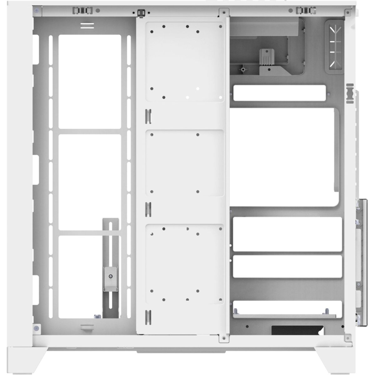 Weißes Computergehäuse-Interieur. Metallrahmen mit Befestigungslöchern und Laufwerksschächten.