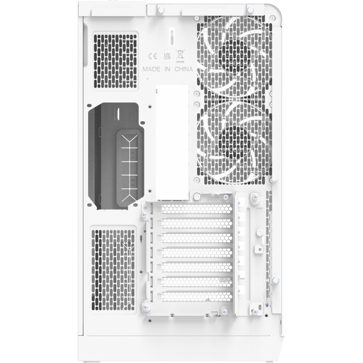 Rückansicht eines weißen Computergehäuses mit zwei Lüftern, Lüftungsschlitzen und I/O-Anschlüssen.