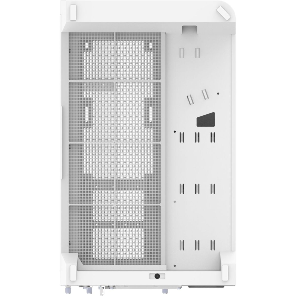 Weiße Computergehäuse-Oberseite mit Lüftungsgitter und vertikalen Linien.
