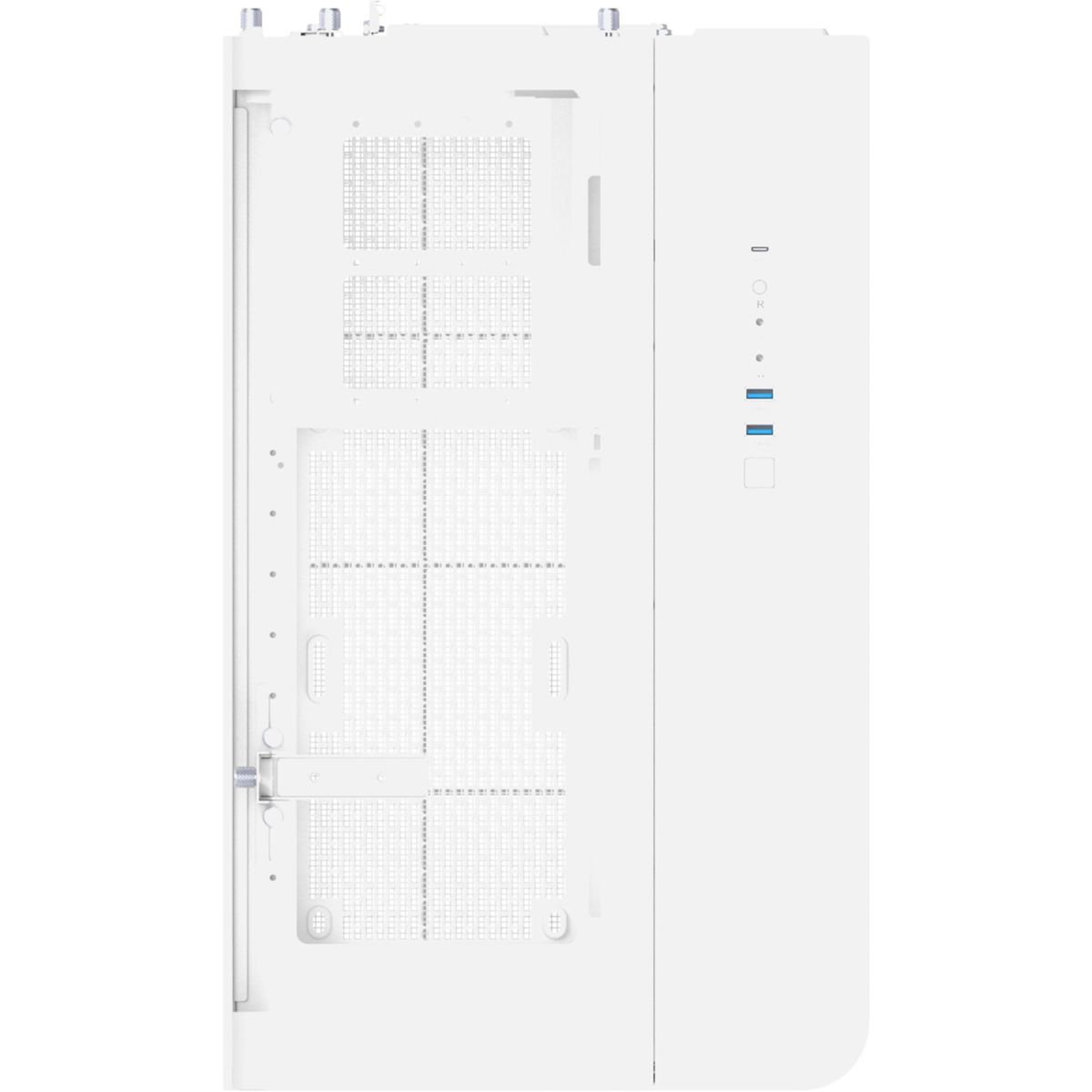 Ein weißes Computergehäuse mit Lüftungsgittern und Anschlüssen.