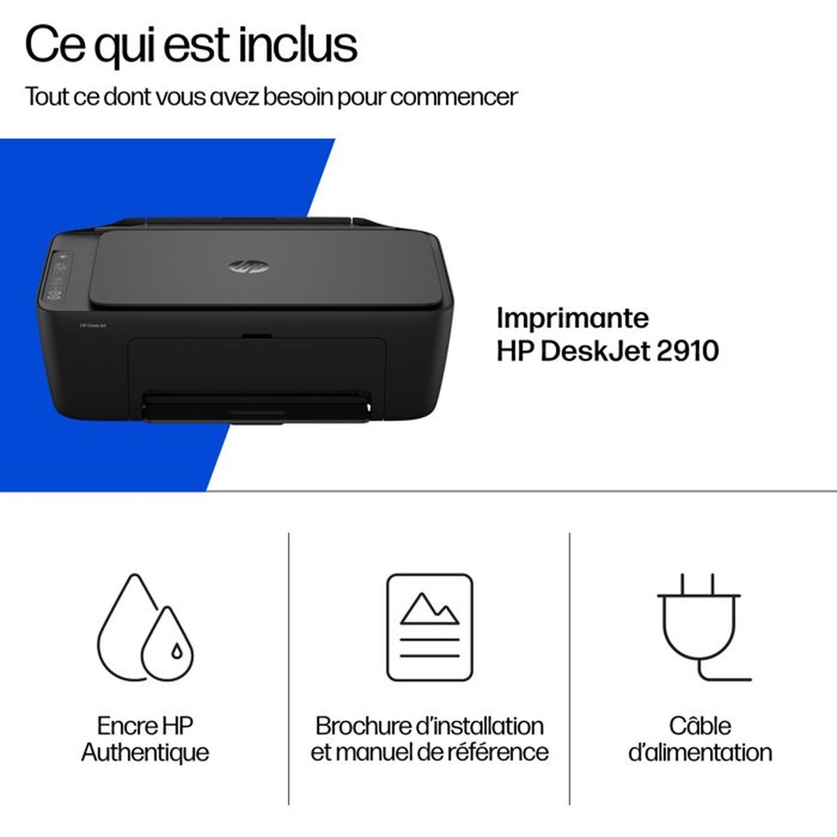 Impresora HP DeskJet 2910 negra con tinta, manual y cable de alimentación.