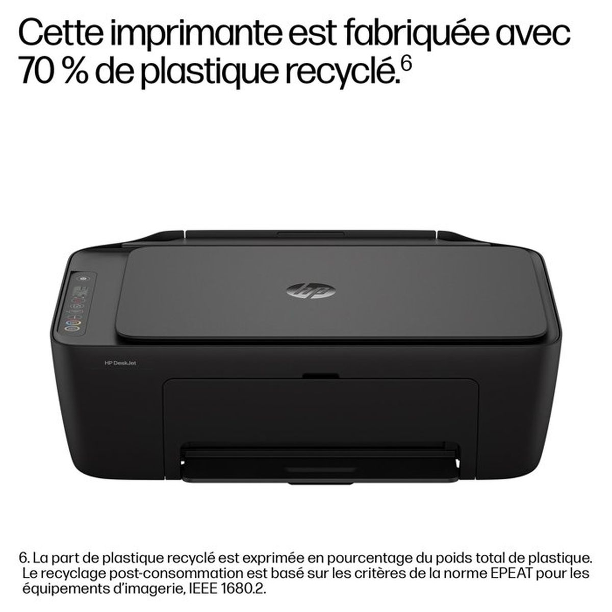 Una impresora HP DeskJet negra está en primer plano. Hay texto arriba.