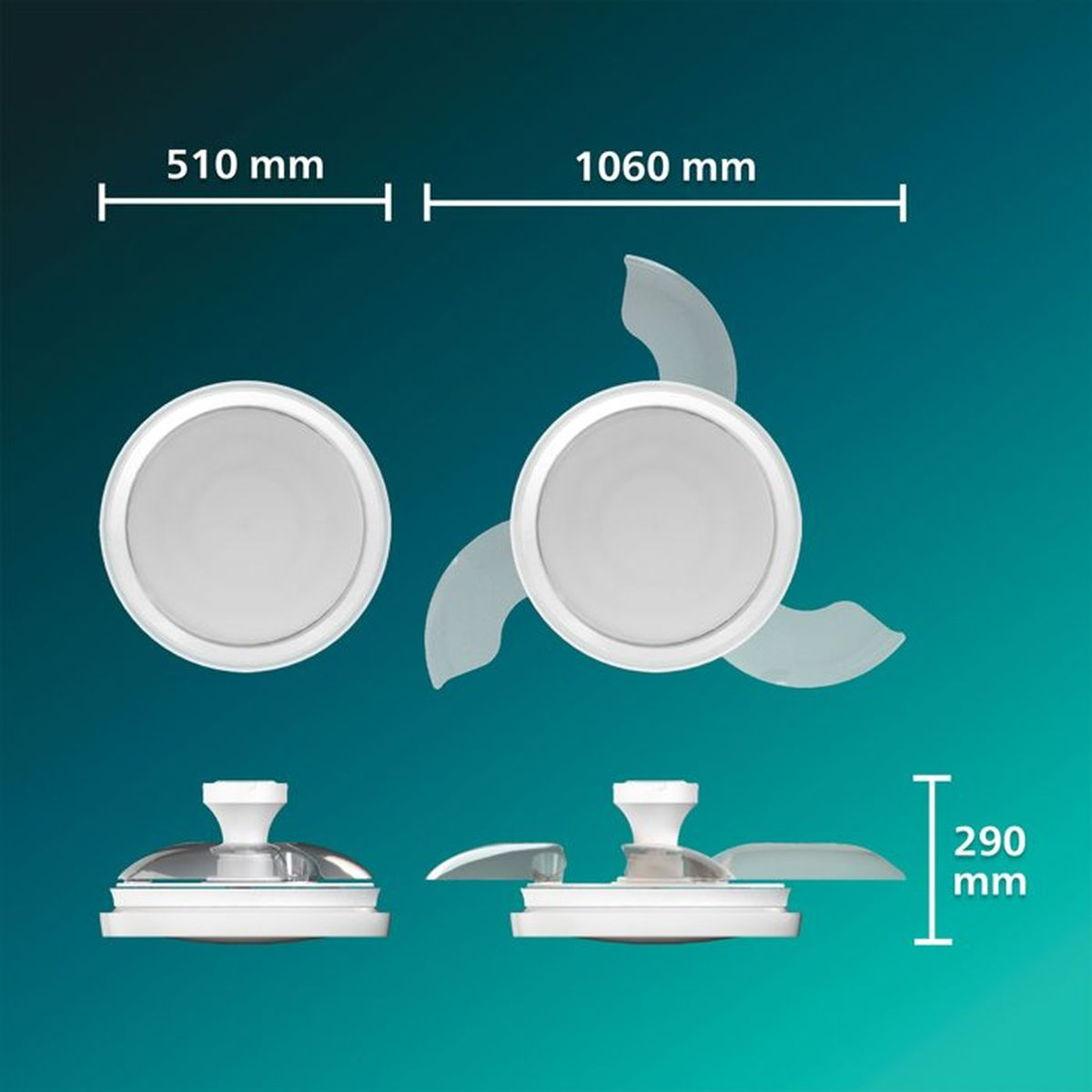 Ventilador de techo con luz. Dimensiones: 510mm, 1060mm y 290mm de altura.