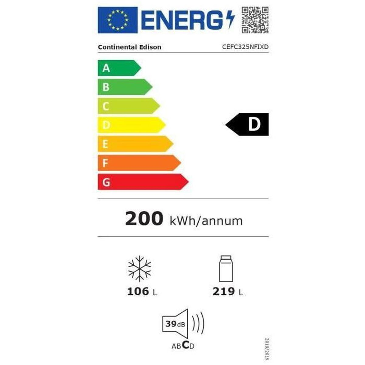 Energieeffizienzlabel mit Energieklasse D, 200 kWh/Jahr, 106 L Gefrierfach, 219 L Kühlfach.