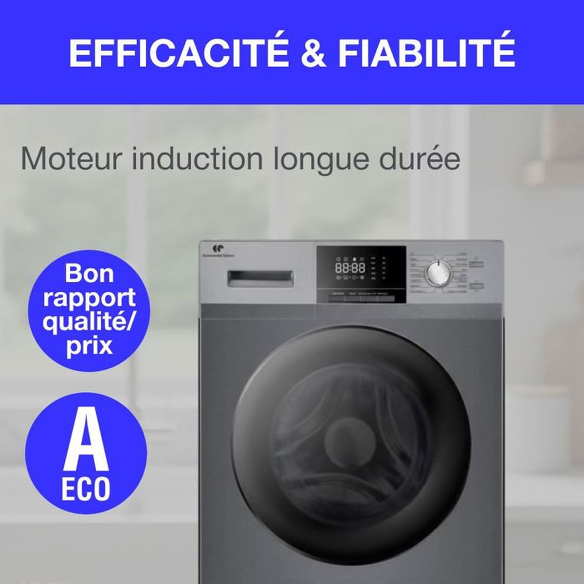 Graue Waschmaschine mit digitalem Display. Blaue Kreise mit Text.