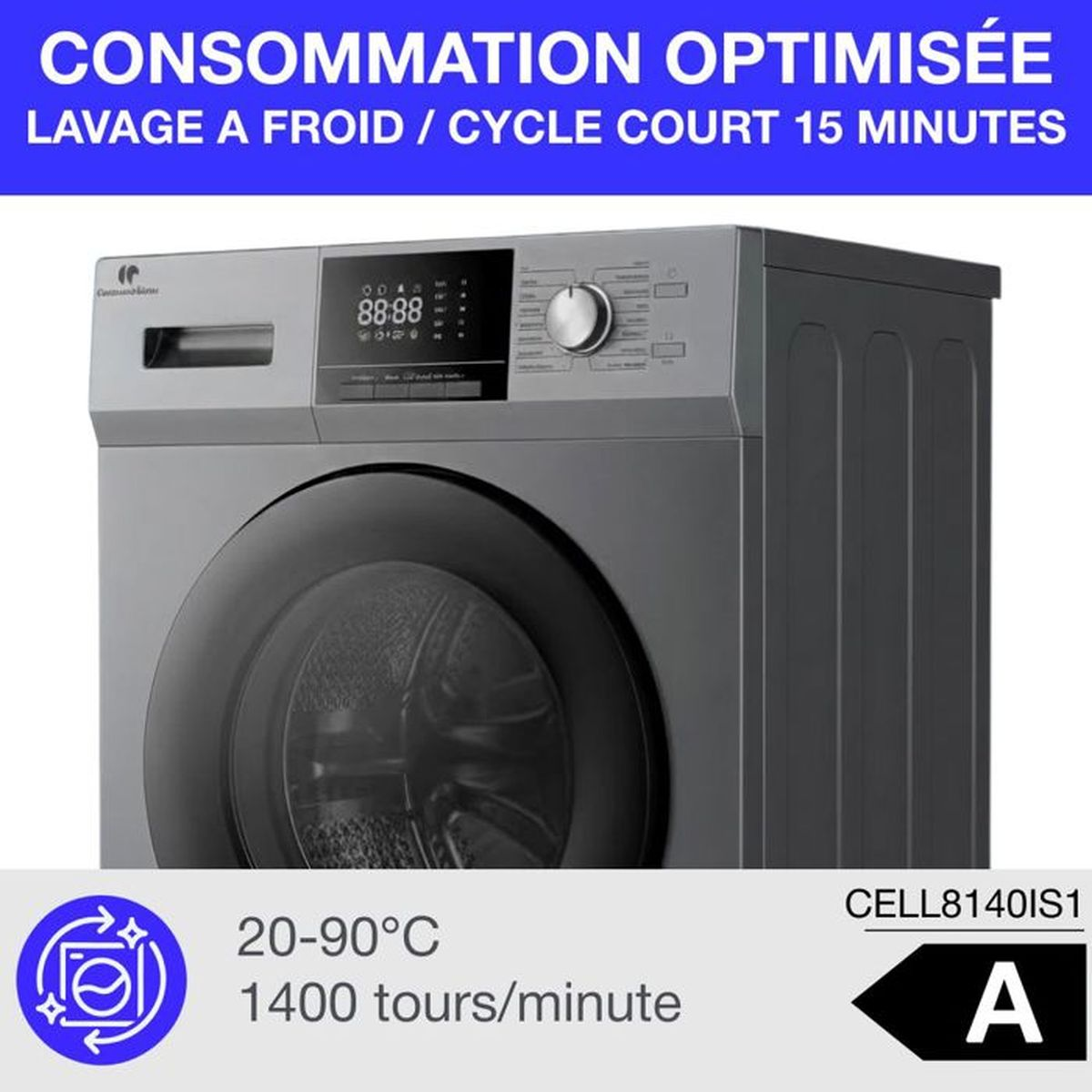 Graue Waschmaschine mit digitaler Anzeige, Temperaturanzeige und Energieeffizienzklasse A.