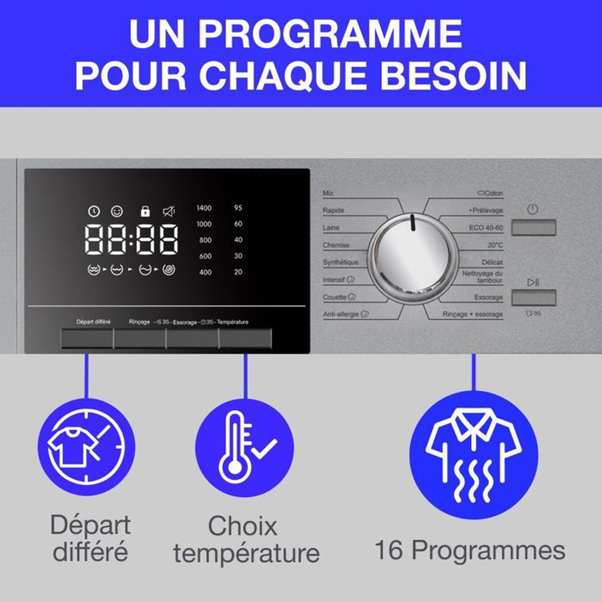 Ein Programm für jeden Bedarf: Waschmaschine mit Display, Drehknopf und Symbolen.