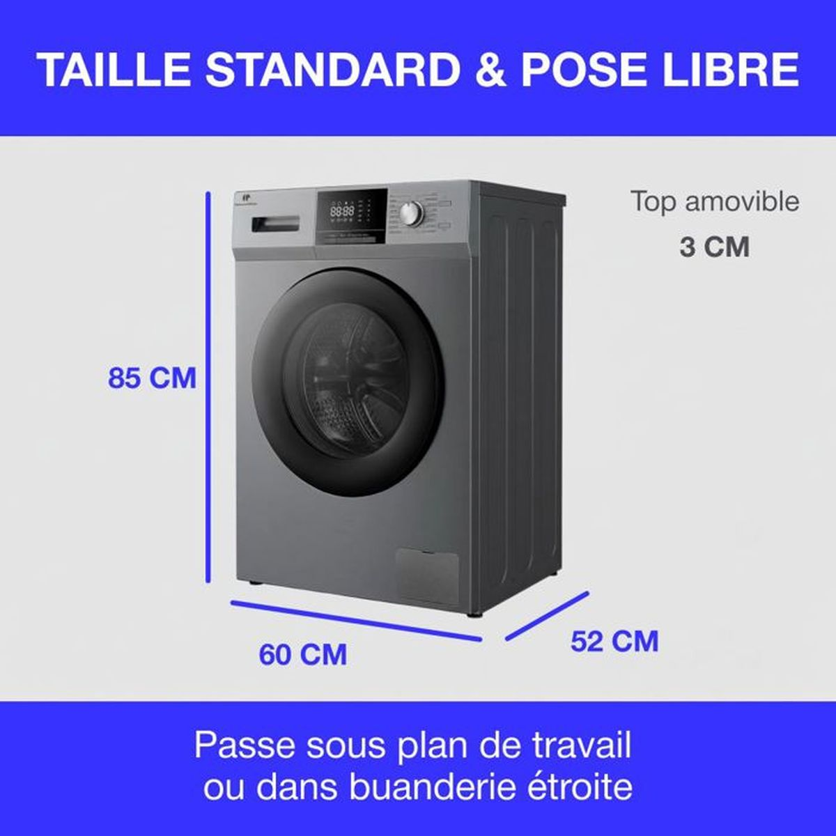 Graue Waschmaschine mit Maßen H 85cm, B 60cm, T 52cm. Abnehmbare Oberseite 3cm.