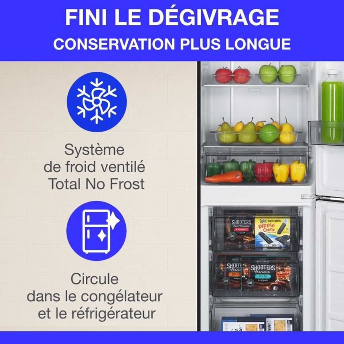 Kühlschrank mit "Total No Frost"-System. Obst und Gemüse in Schubladen, unten gefrorene Lebensmittel.