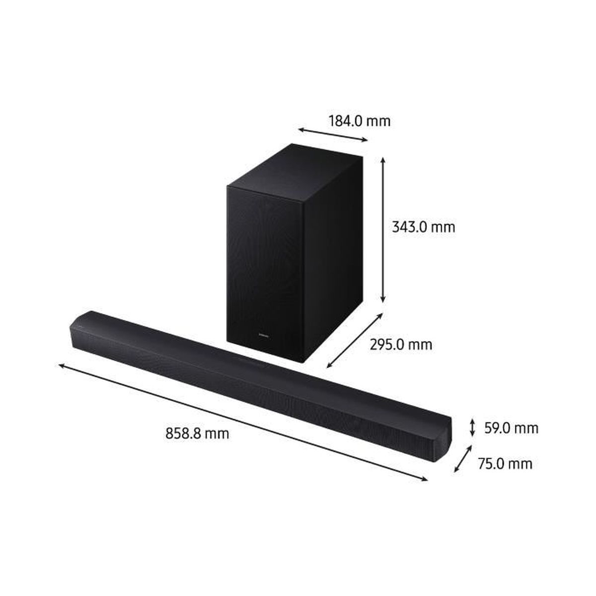 Schwarze Soundbar und Subwoofer mit Maßangaben.