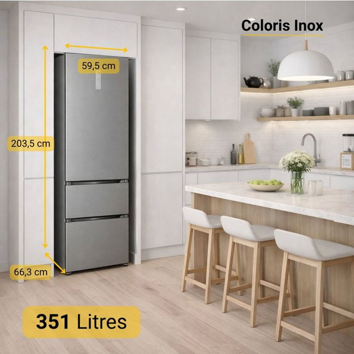 Refrigerador de acero inoxidable en cocina moderna con isla y taburetes.