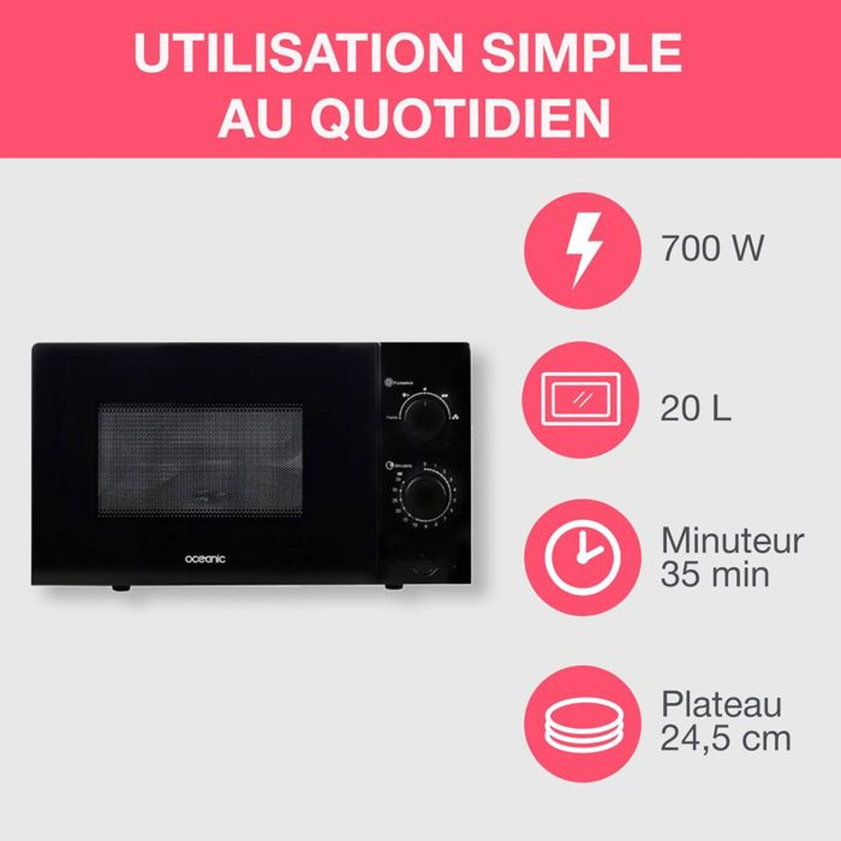 Schwarze Mikrowelle mit 700 W, 20 L, 35-Minuten-Timer und 24,5 cm Drehteller.