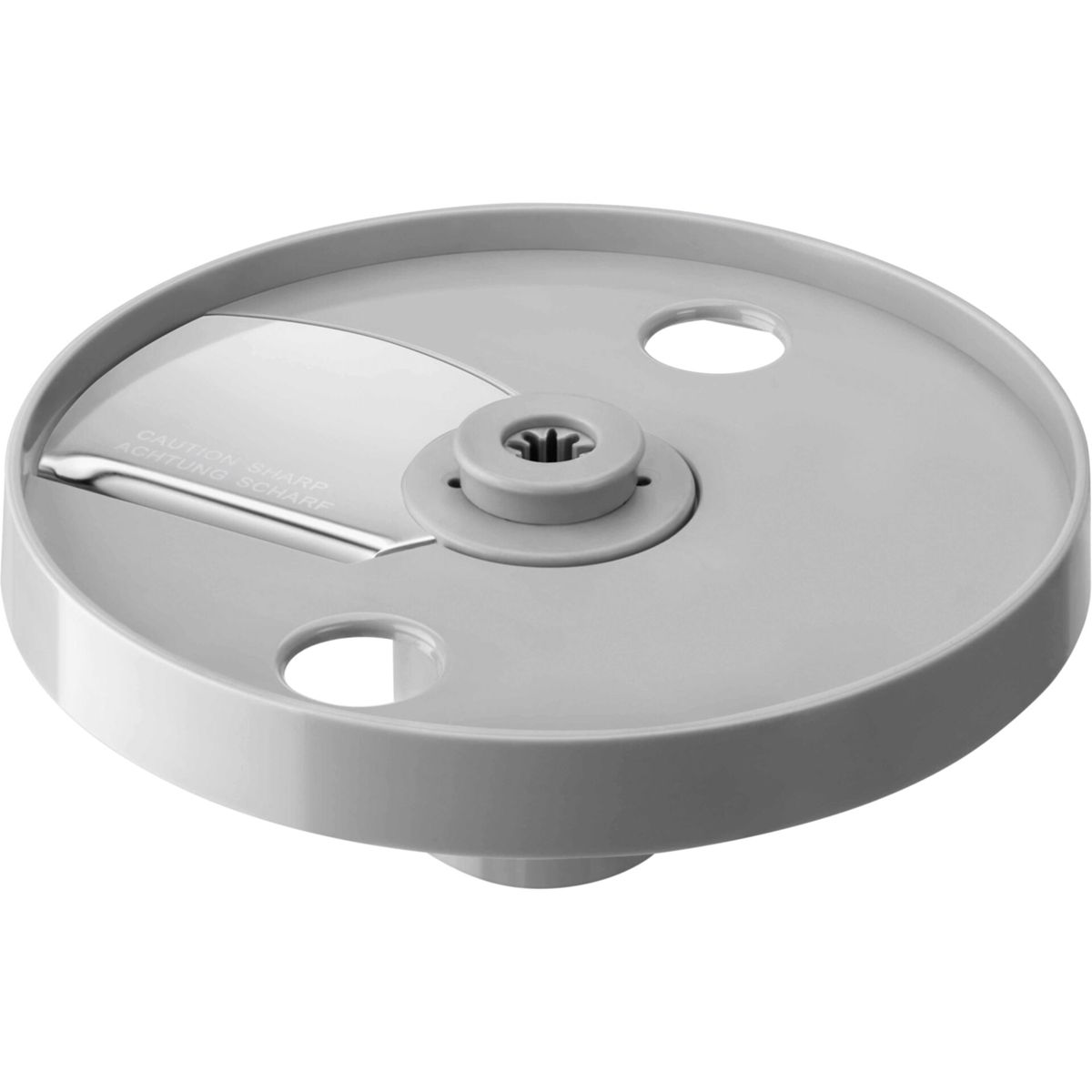 Disco gris para procesador de alimentos con cuchilla afilada y dos agujeros.