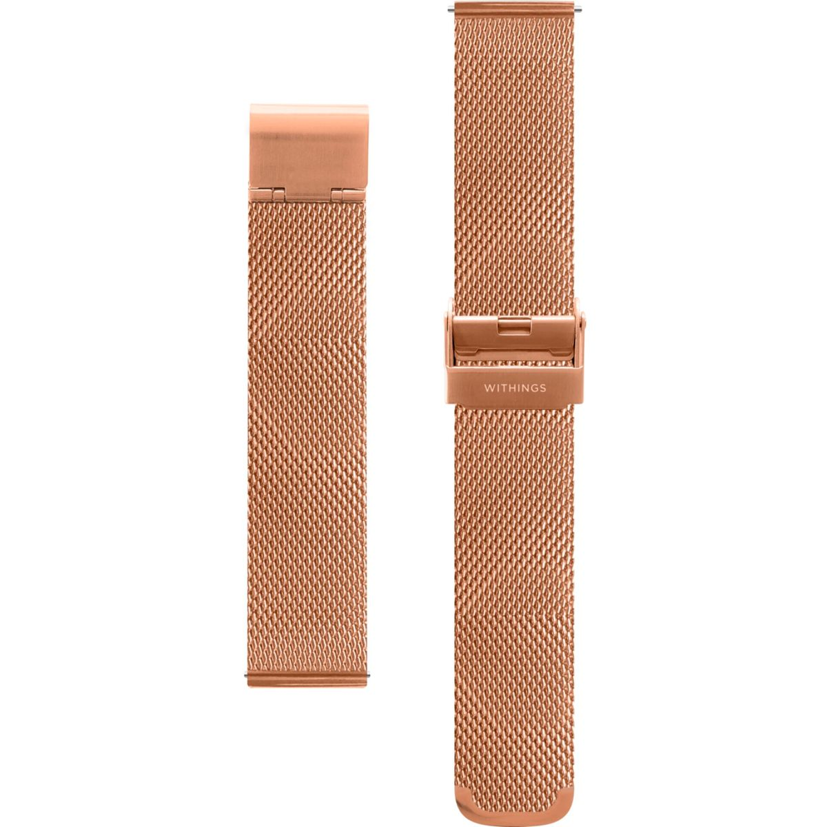 Una correa de reloj de malla color oro rosa con hebilla que dice WITHINGS.