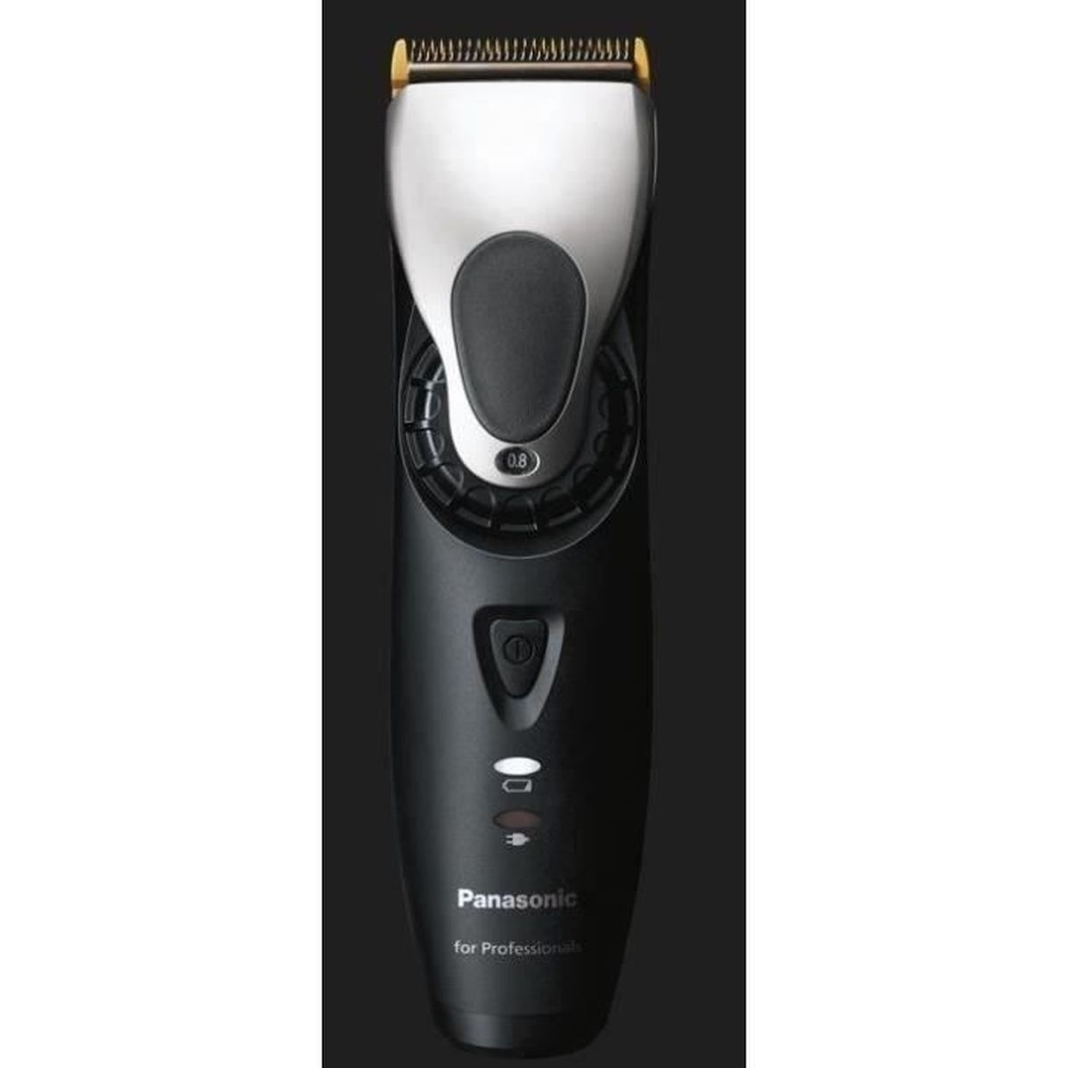 Schwarzer Panasonic Haarschneider mit silbernem Kopf und Einstellrad.