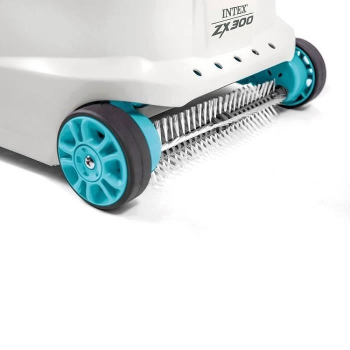 Limpiafondos Intex ZX300 blanco y turquesa con cepillos y ruedas sobre fondo blanco.