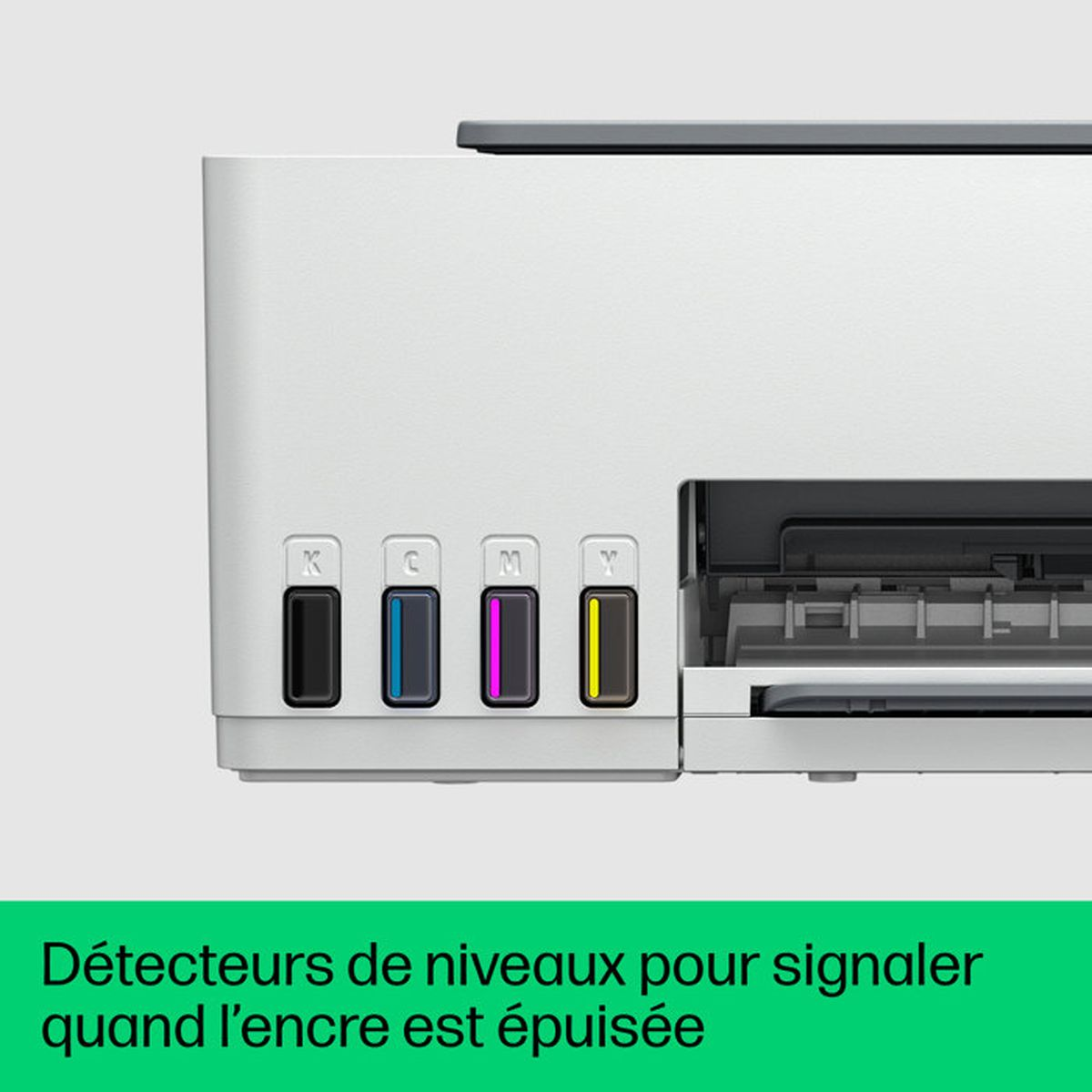 Drucker mit Tintenstandsanzeigen: Schwarz, Cyan, Magenta, Gelb.
