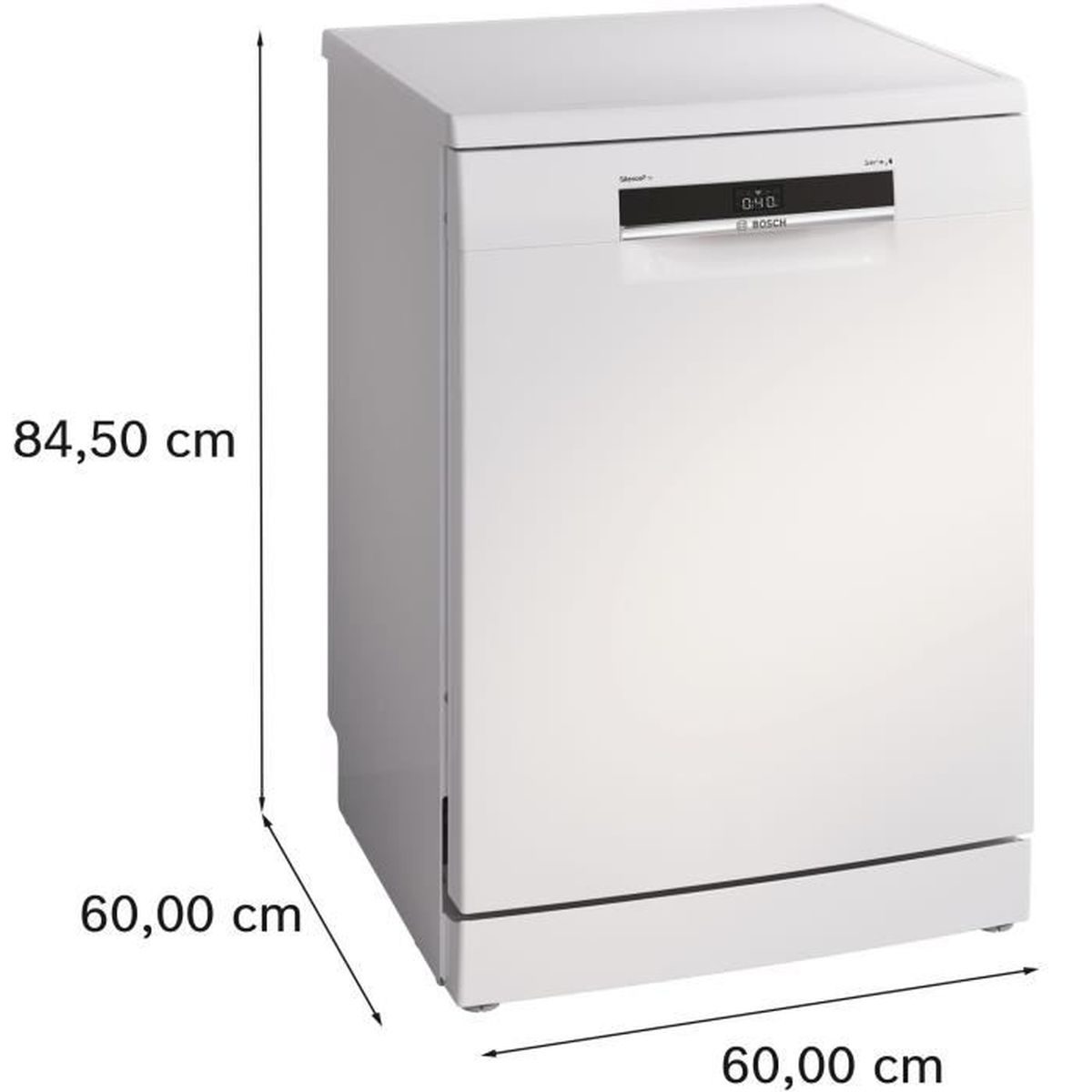Weiße Bosch Spülmaschine mit Maßen 84,50 x 60,00 x 60,00 cm.