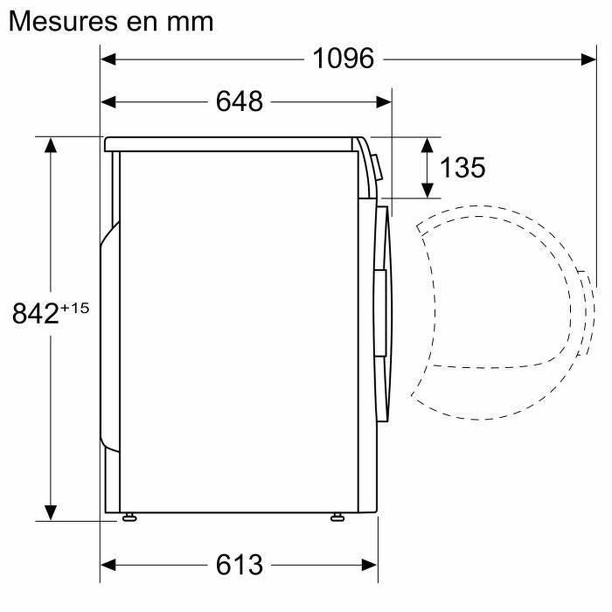 Technische Zeichnung einer Waschmaschine mit Maßen in mm.