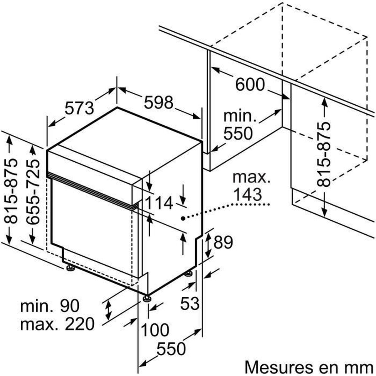 Technical drawing of a dishwasher with dimensions in mm.