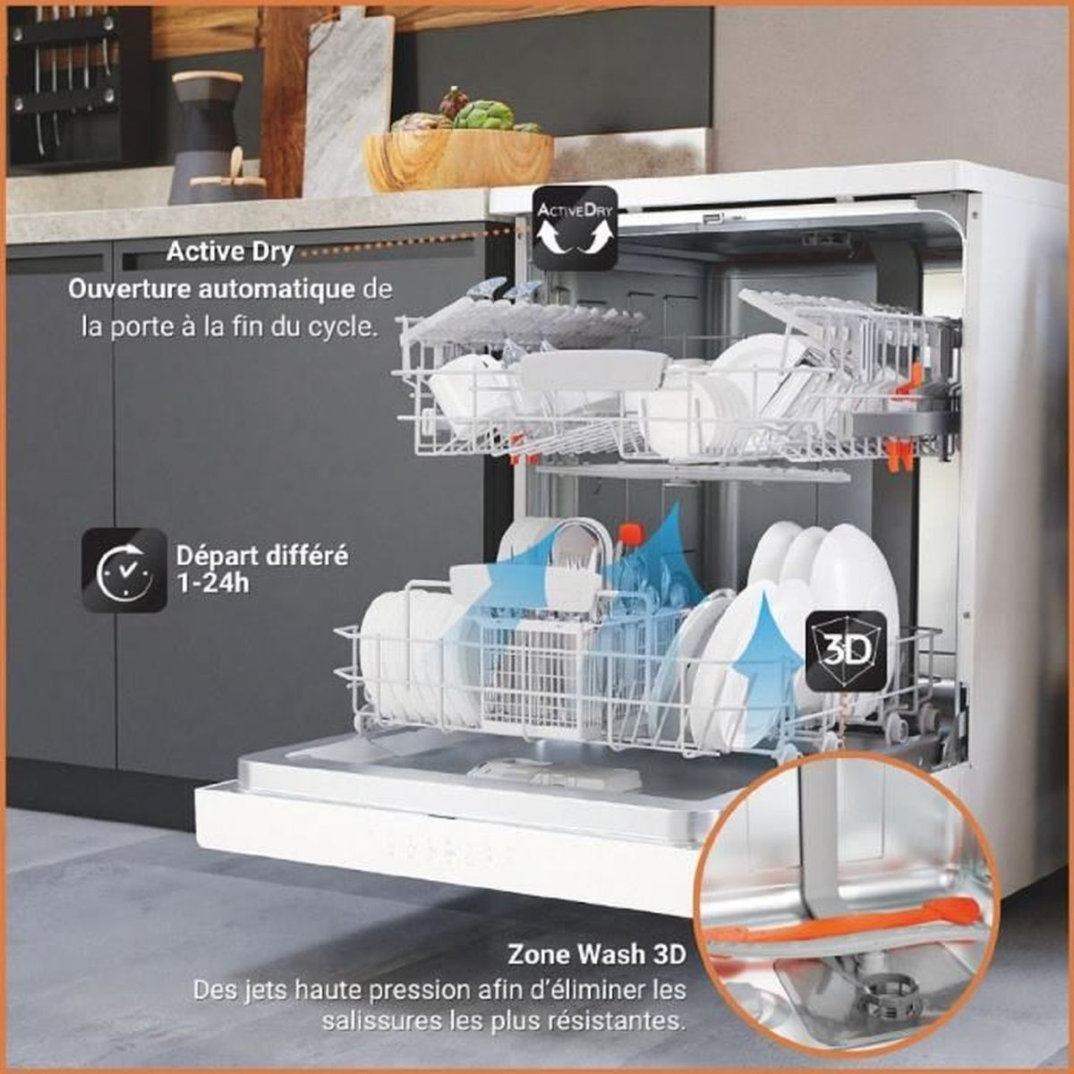 Ein offener Geschirrspüler mit zwei Körben voller Geschirr. "Active Dry" und "Zone Wash 3D" werden hervorgehoben.