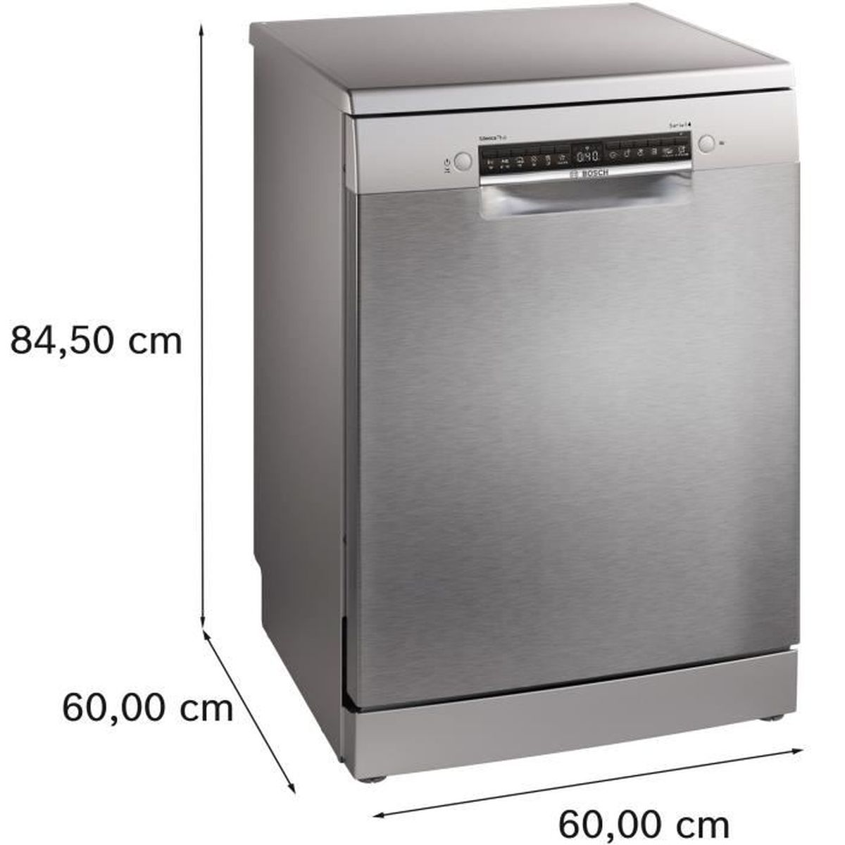 Ein silberner Bosch-Geschirrspüler mit Maßen 84,50 cm hoch, 60 cm breit und 60 cm tief.