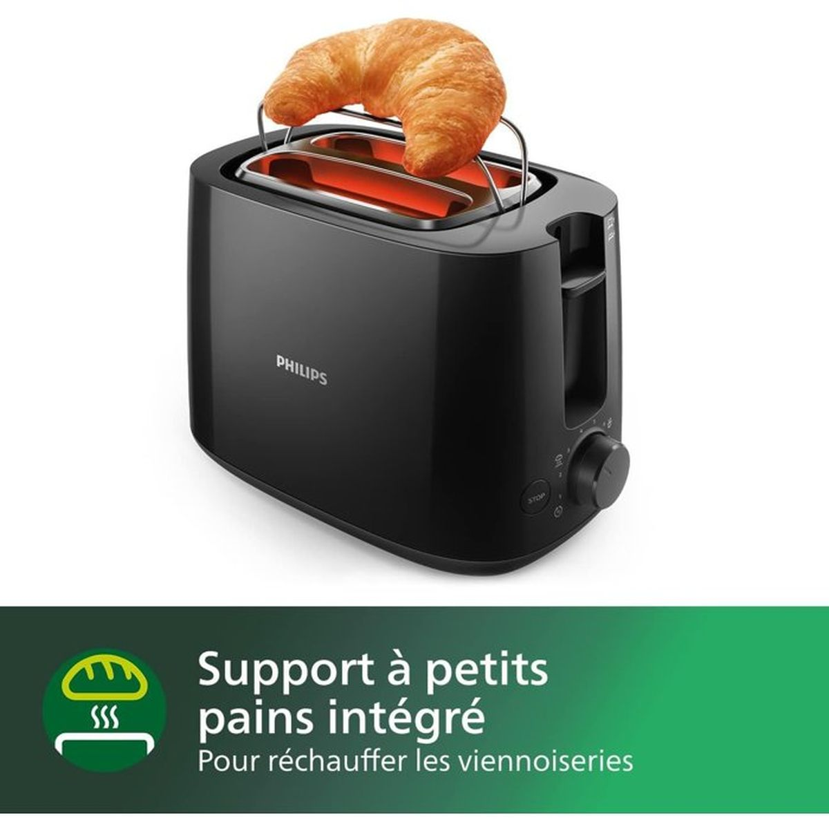 Czarny toster Philips z rogalikiem na stelażu do podgrzewania bułek.