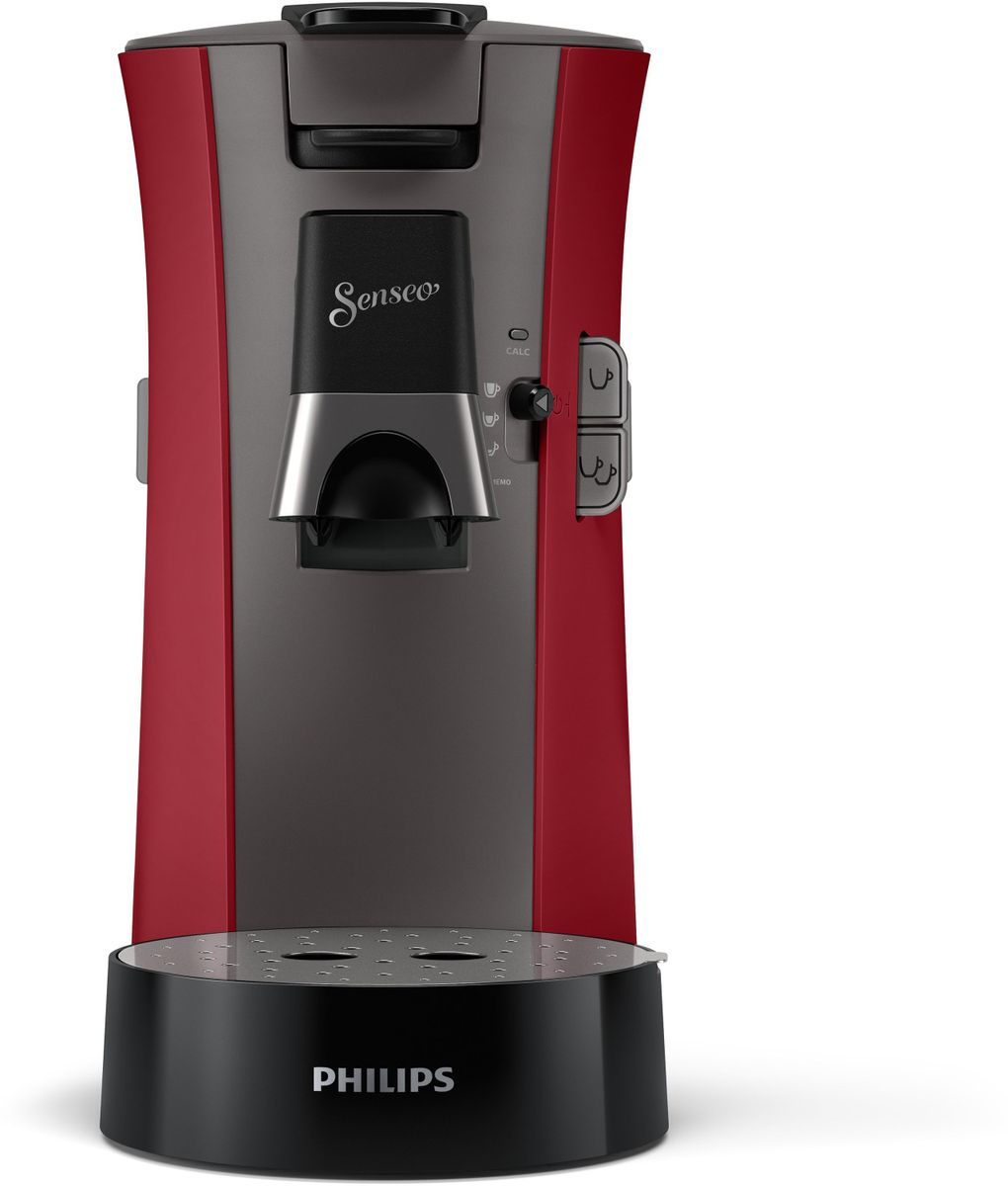 Macchina da caffè Senseo rossa e grigia con logo Philips sulla base nera.