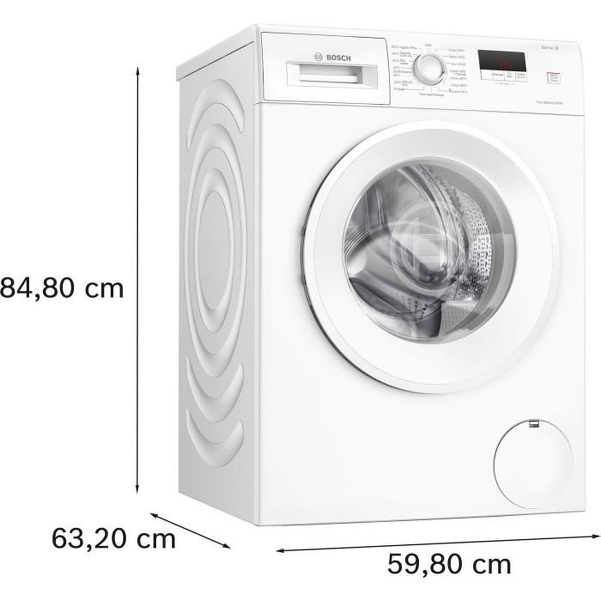 Weiße Bosch Waschmaschine mit silberner Trommeltür und Maßen.