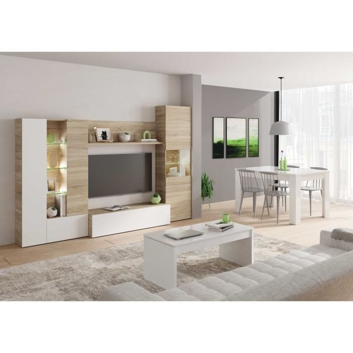 Sala de estar moderna con mueble de TV, mesa de comedor y sofá. Colores claros.
