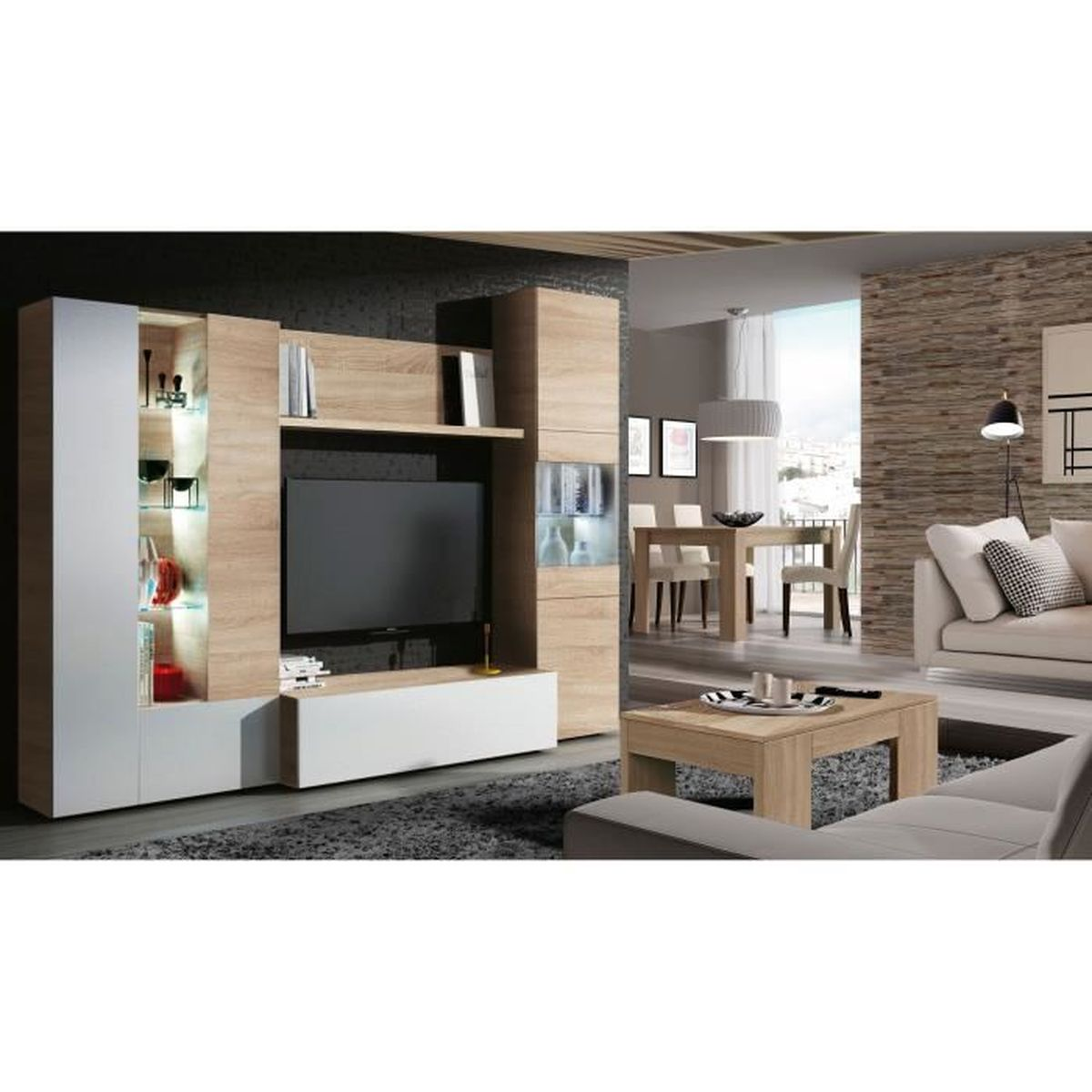 Una sala de estar moderna con mueble de TV, sofá y mesa de comedor.