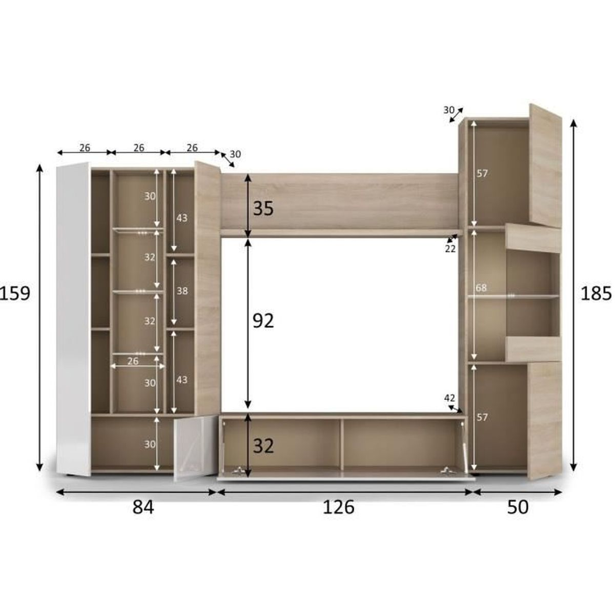 Un gran sistema de armario modular con elementos blancos y de color madera.
