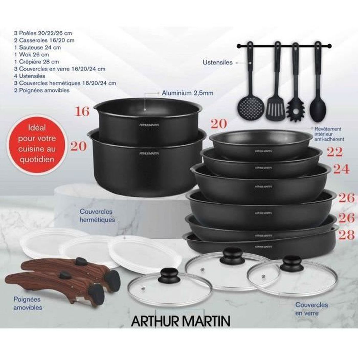 Kochgeschirr-Set aus Aluminium mit Antihaftbeschichtung, Utensilien und Glasdeckeln.