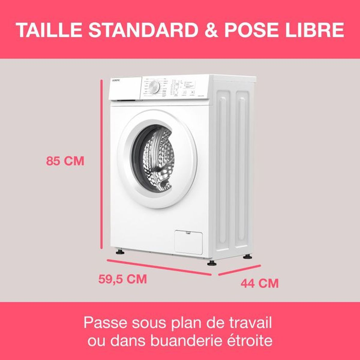 Weiße Waschmaschine mit Standardmaßen: 85 cm hoch, 59,5 cm breit, 44 cm tief.