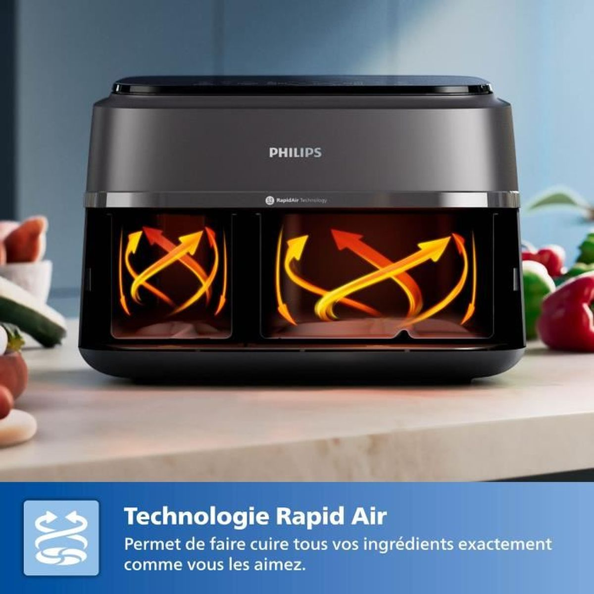 Ein Philips Heißluftfritteuse mit zwei Kammern und rotierenden Heißluftpfeilen.