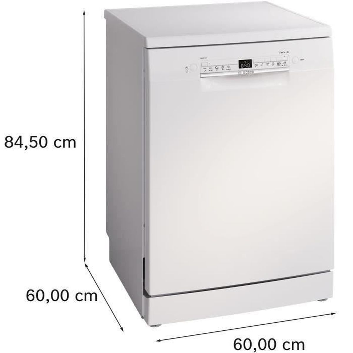 Lave-vaisselle blanc avec écran numérique et dimensions : 84,50 cm hauteur, 60,00 cm largeur.