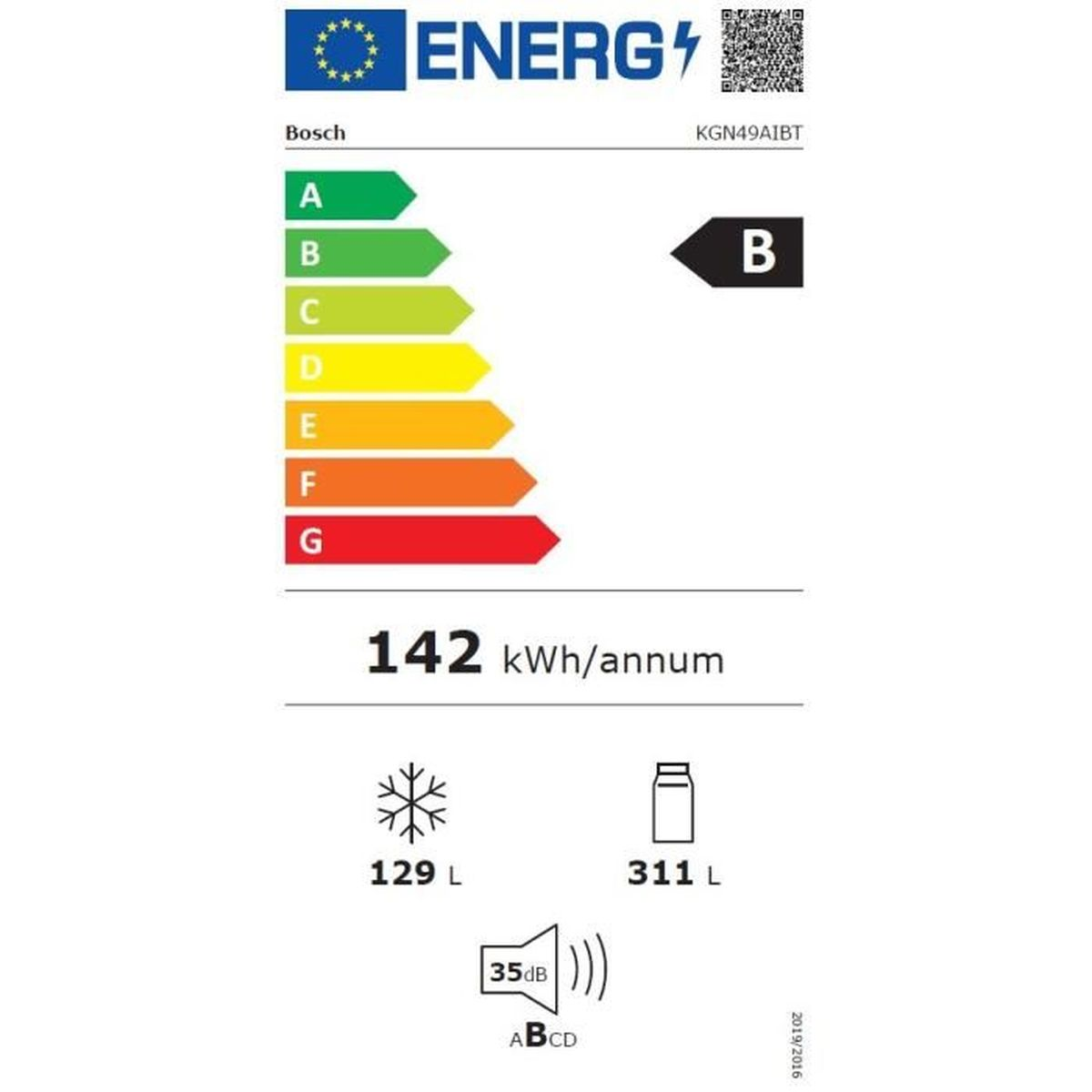 Étiquette énergétique réfrigérateur Bosch KGN49AIBT, classe B, 142 kWh/an.