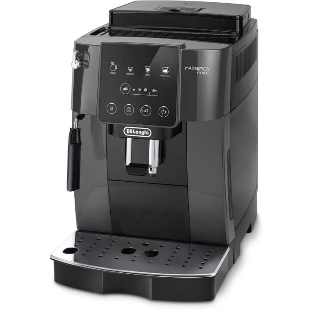 Una macchina da caffè automatica DeLonghi grigio scuro con pannello di controllo e montalatte.