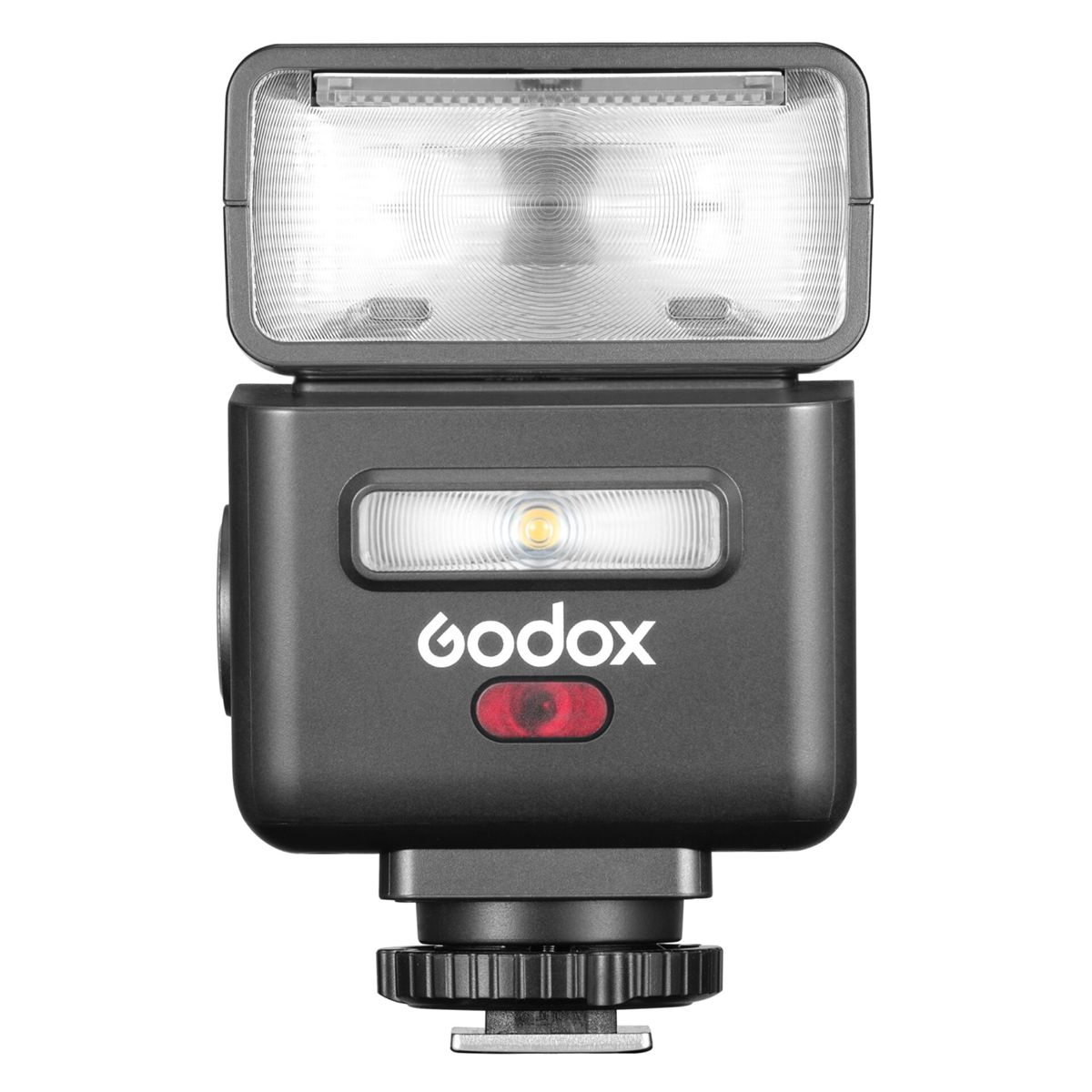 Un flash Godox nero con riflettore argentato e pulsante rosso.