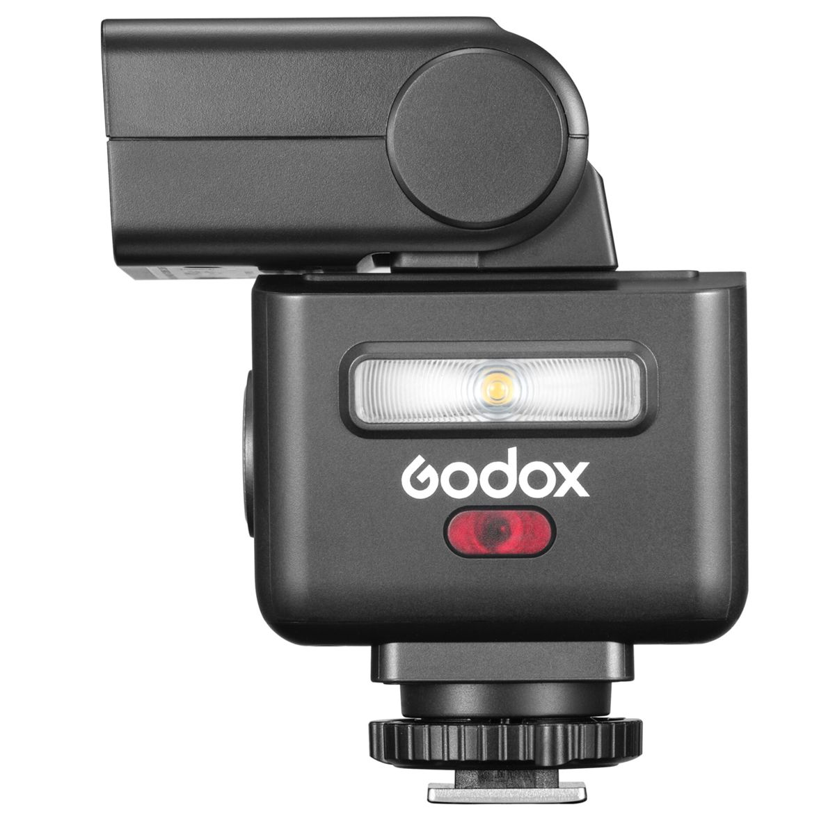 Un'unità flash per fotocamera Godox nera con luce pilota e luce di assistenza AF rossa.