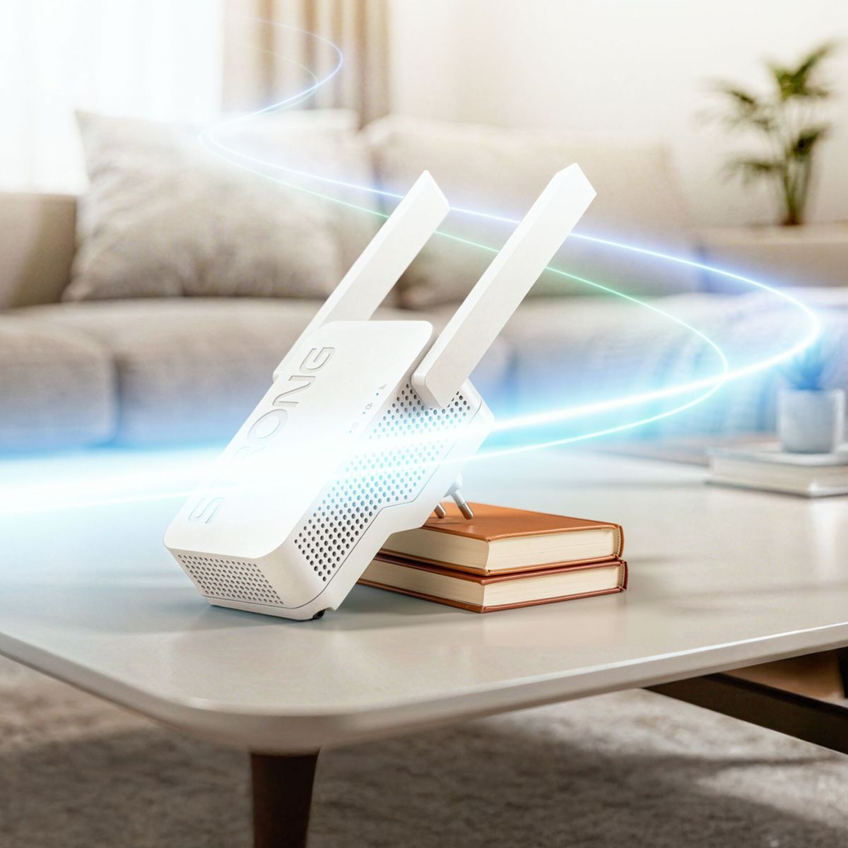 Weißer WLAN-Router mit Antennen auf einem Tisch, mit leuchtenden blauen und grünen Linien darum.