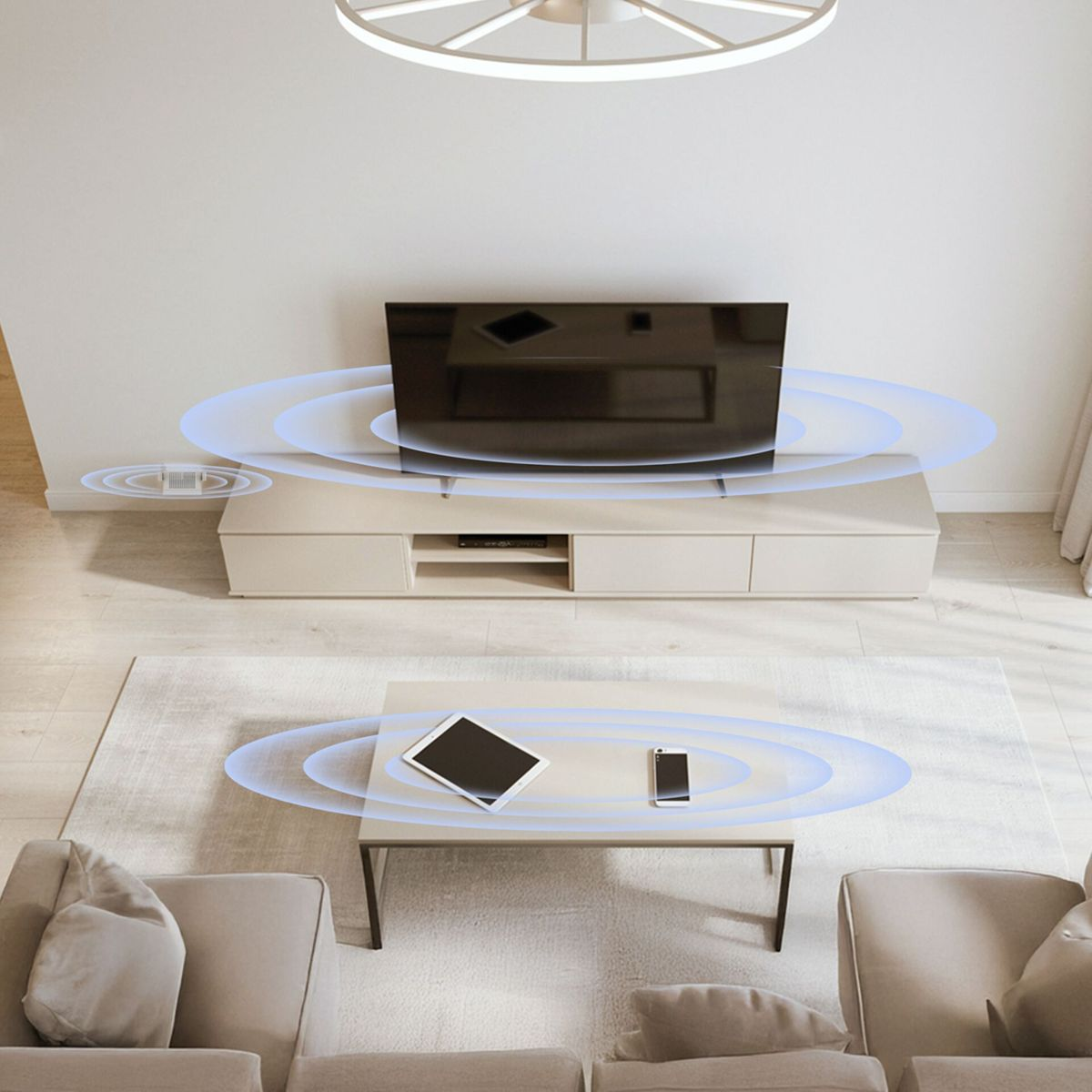 Wohnzimmer mit Fernseher, Couchtisch mit Tablet und Handy, blaue Wellen.