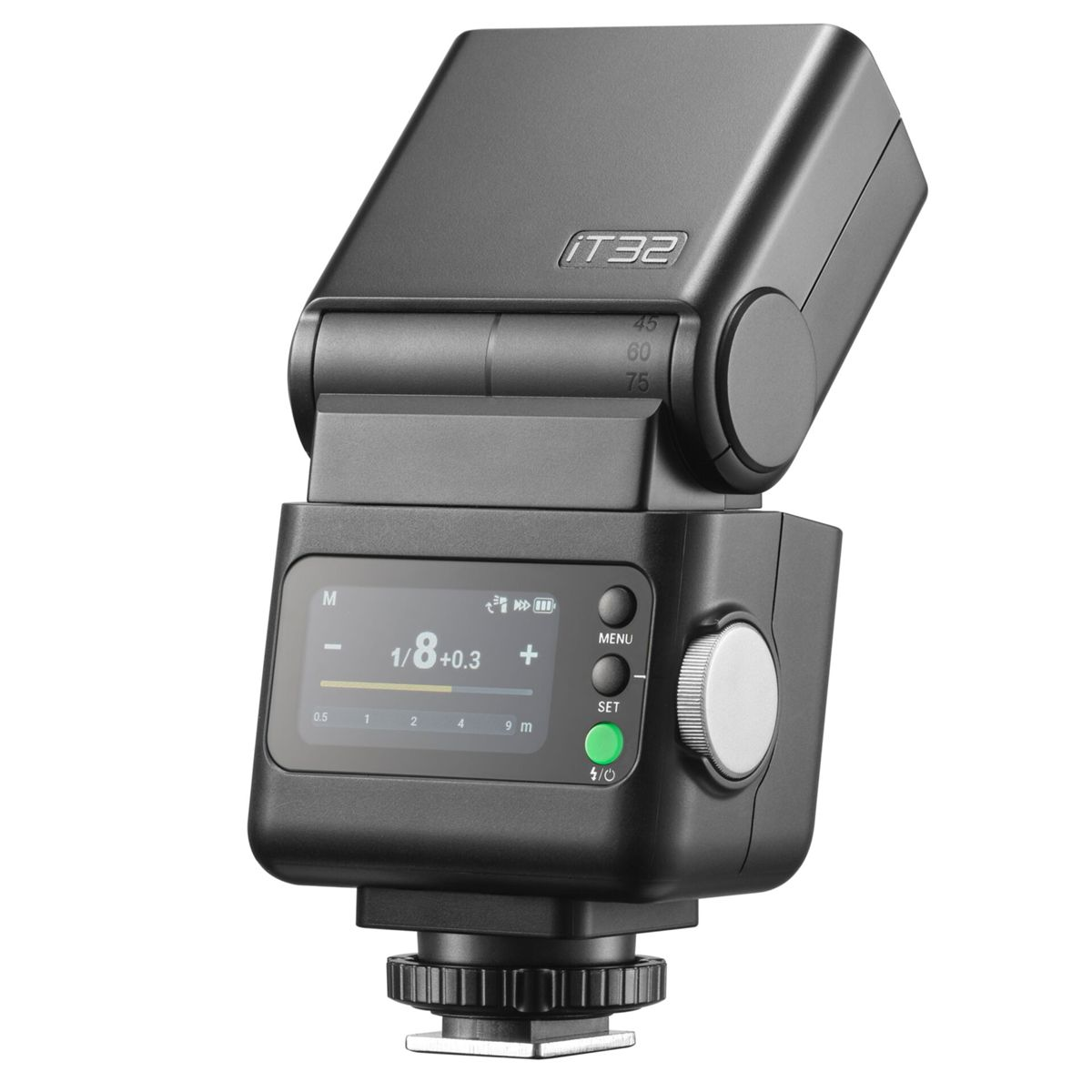 Schwarzer Kamerablitz mit LCD-Anzeige, die 1/8+0.3 anzeigt.
