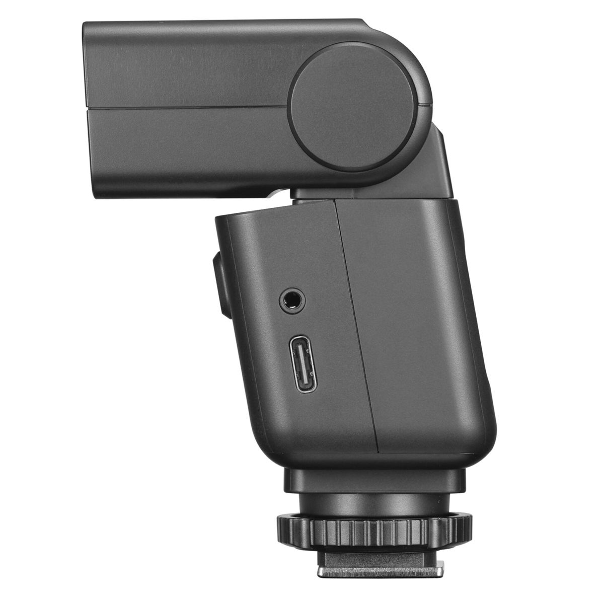 Draufsicht einer schwarzen Kamera-Blitzlichteinheit mit USB-C-Anschluss.