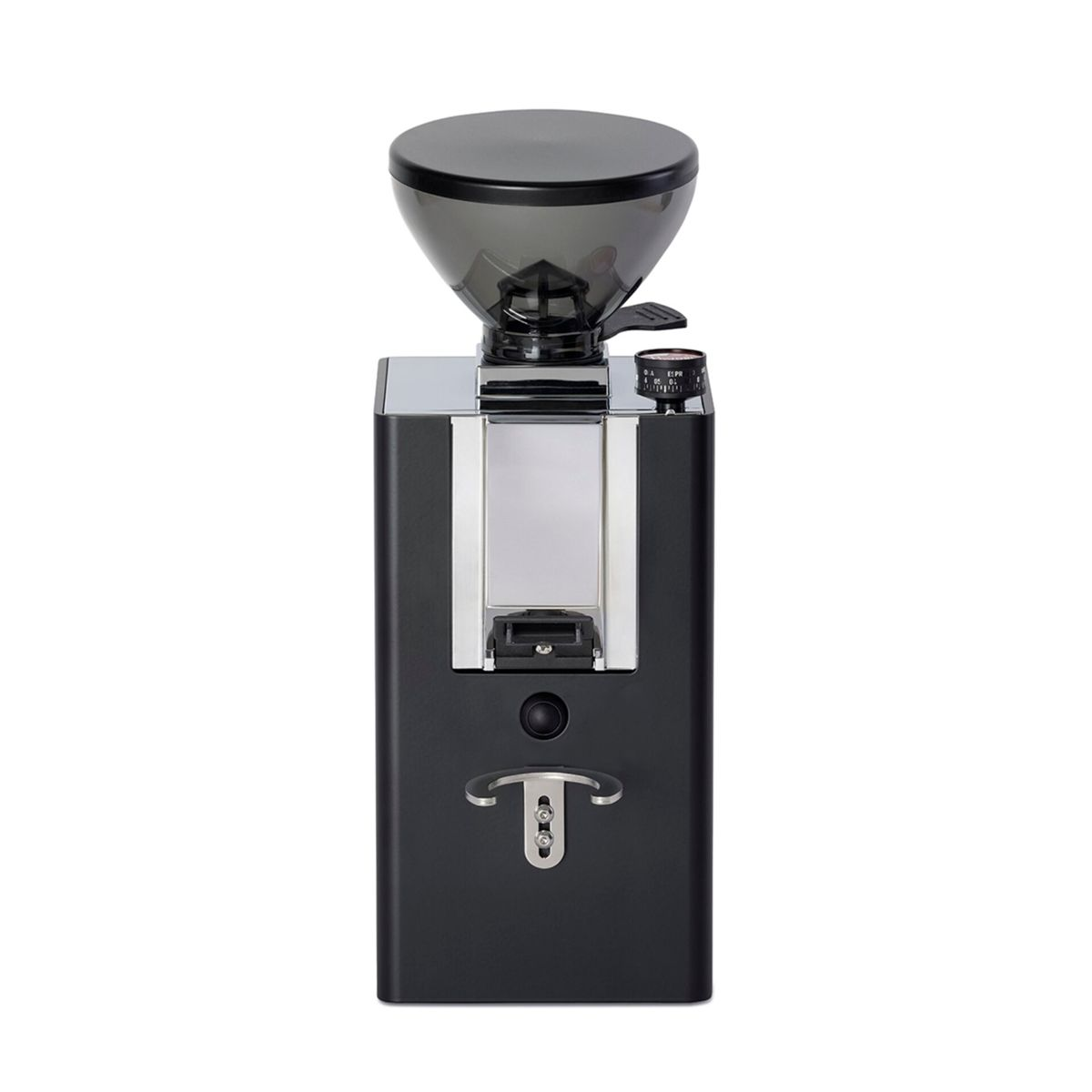 Un macinacaffè nero con tramoggia trasparente e accenti cromati.