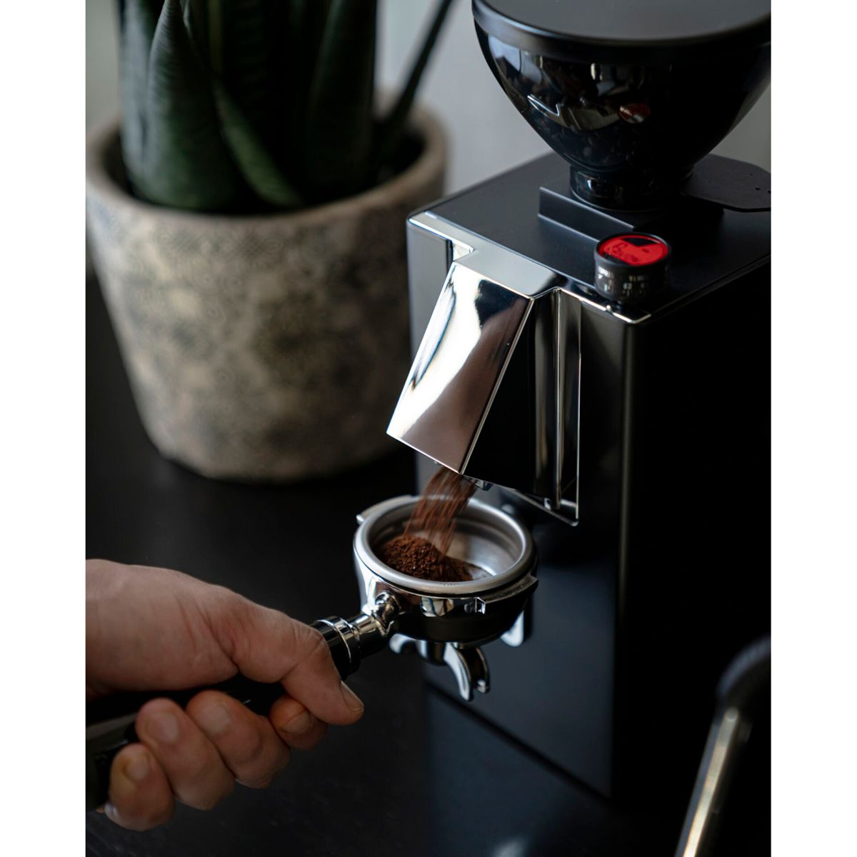 Una mano tiene un portafiltro mentre ci cade caffè appena macinato.