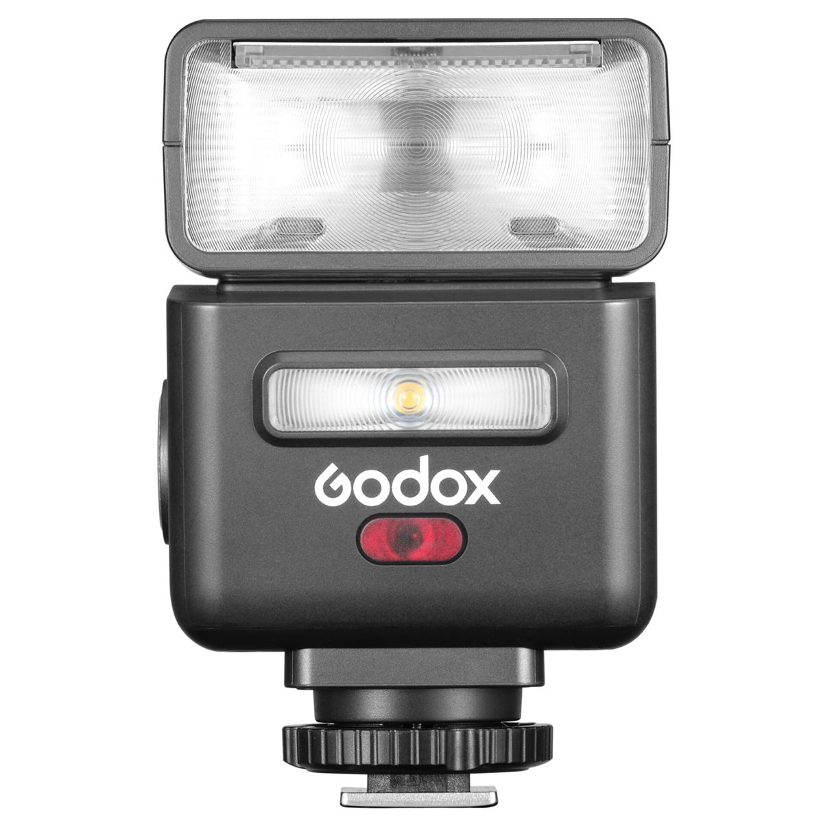 Un flash Godox nero con riflettore argentato e luce di accento rossa.