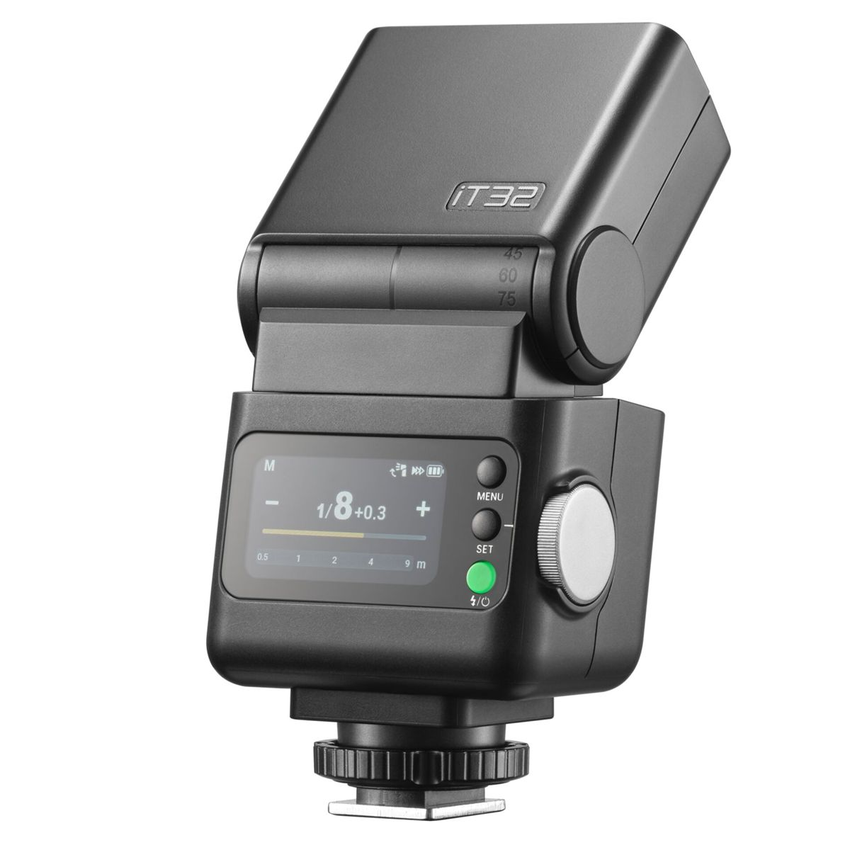 Un flash per fotocamera IT32 nero con schermo LCD e quadrante di controllo.