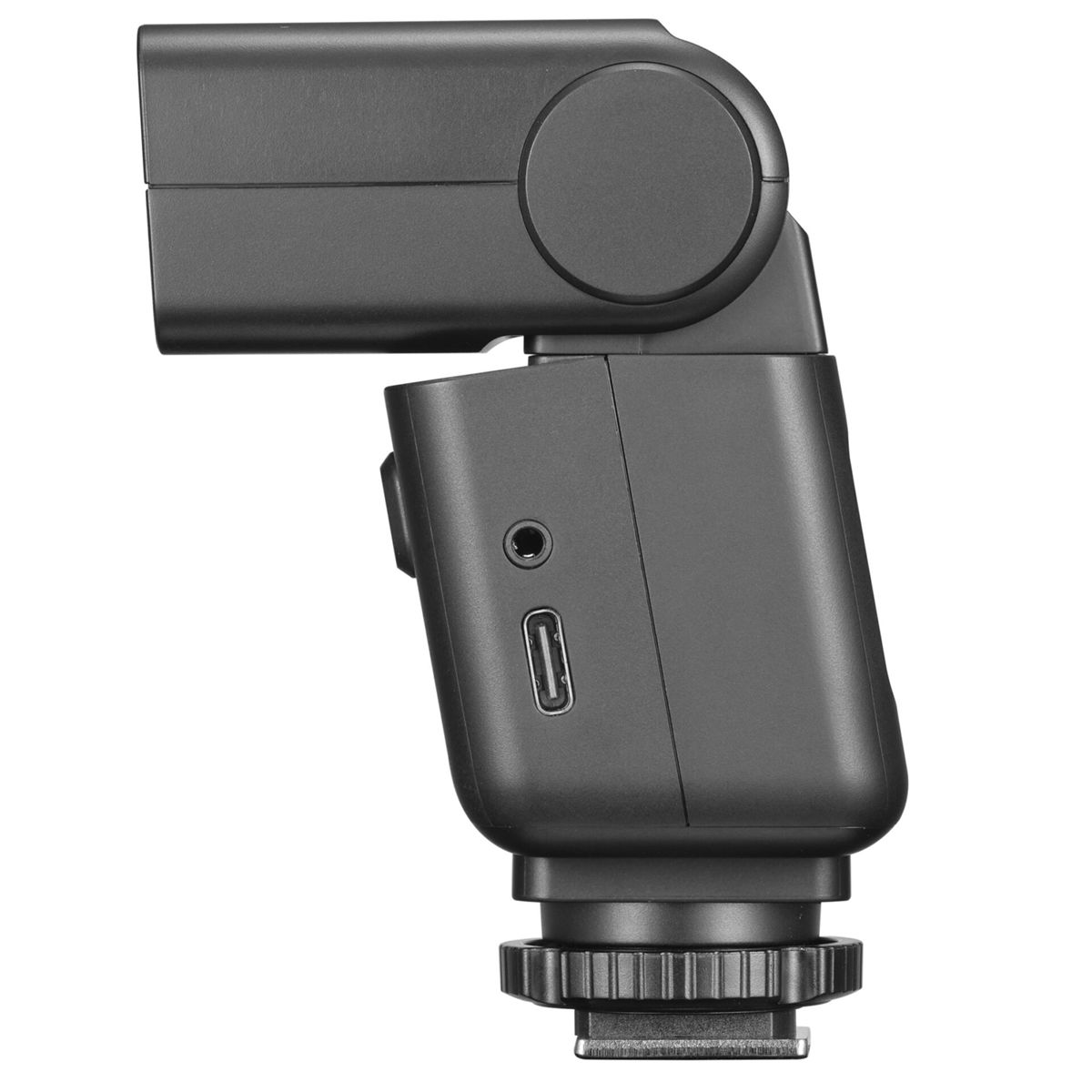 Testa flash nera con porte USB-C e 3,5 mm, montata su slitta a caldo.