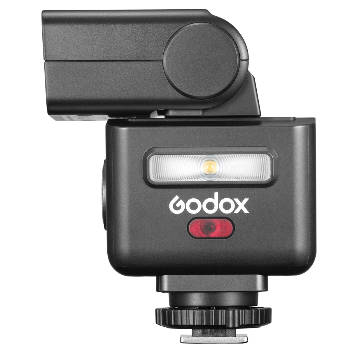 Una testa flash Godox nera con attacco argentato e ghiera di bloccaggio zigrinata.